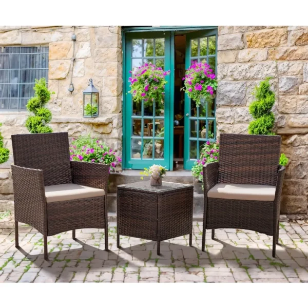 Patio Furniture Set 3 Pieces All-Weather Rattan Outdoor Furniture Patio Chairs with Tempered Glass Table for Porch Bistro - Image 4