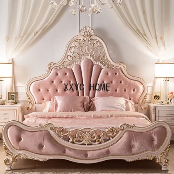 French Style Double Bed Elegant Pretty Pink Princess Bed Luxury Villa Cama Matrimonial Queen Bedroom Furniture Set - Image 2