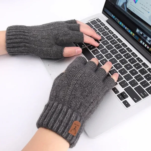 Winter Gloves For Men Half Finger Writting Office Cycling Knitted Gloves Students Alpaca Wool Warm Thick Elastic Driving Gloves - Image 3