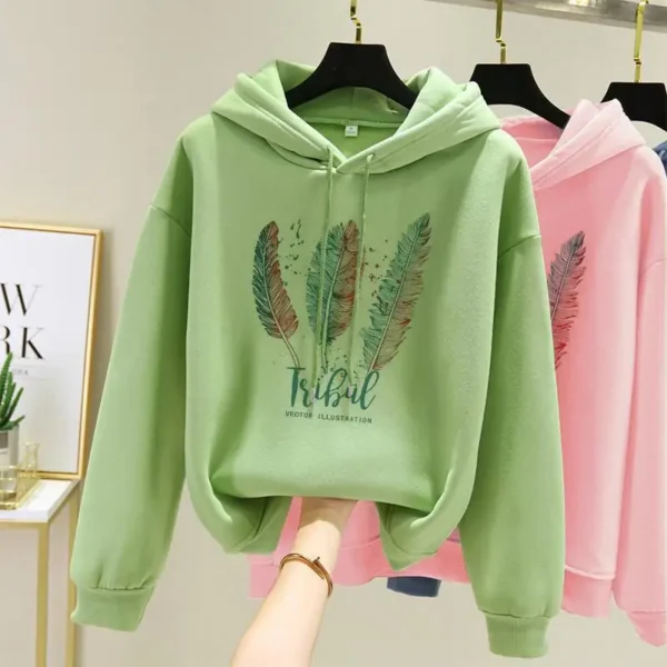 Women Fashion Feather Printed Hoodies Autumn Winter Plus Velvet Casual Loose Sweatshirt - Image 2