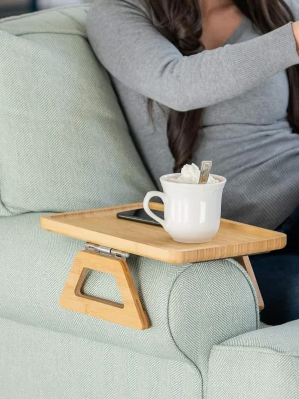 Collapsible Bamboo Wooden Couch Arm Table Clip on Sofa Armrest - Image 4