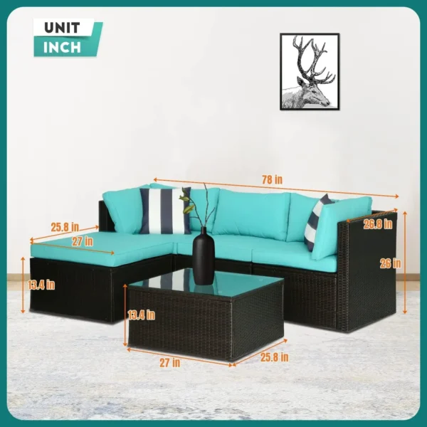 5Pcs Modular Outdoor Sofa Set All Weather Wicker Sectional Sofa with 2 Corner Chair Armless Chair Ottoman Chair Glass Table - Image 2