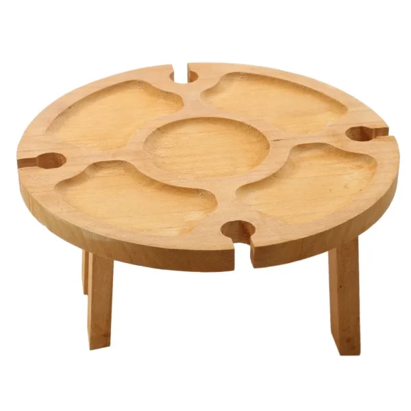 1Pc Wooden Round Foldable Tables Dried Fruit Tray With Wine Glass Holder For Outdoor Picnic Garden Party Fruit Snack Pastry Tray - Image 5