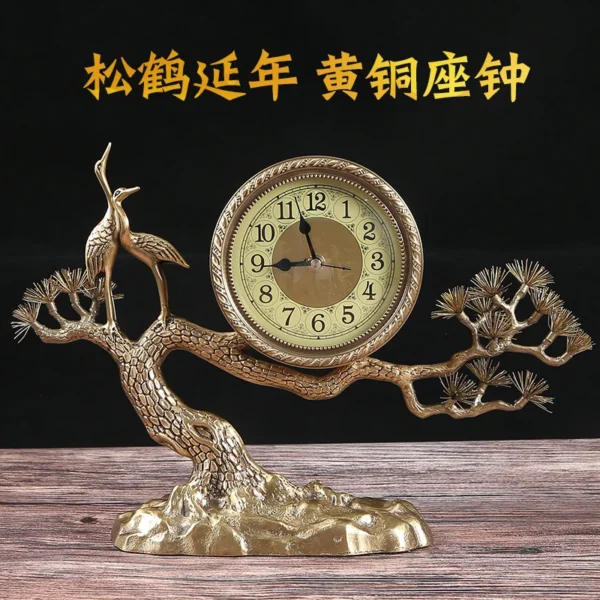 New Chinese Style Pure Copper red-crowned crane Desk Silent Clock Living Room Fashion Quartz Clock Desktop Brass Decorations