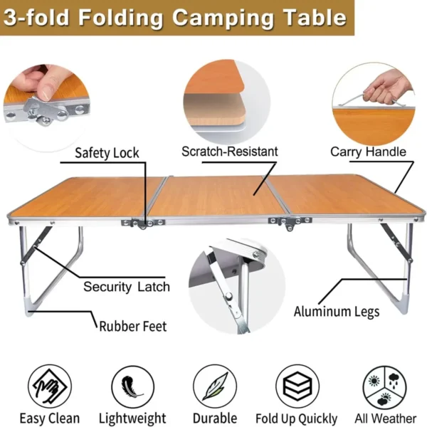 Folding Camping Table Portable Picnic Table Outdoor Table with Aluminum Legs, 3 Fold Lightweight Beach Table for Home Picnic BBQ - Image 4