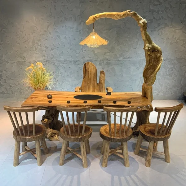 Large wooden table, one table, four chairs set, furniture, solid wood, including tree