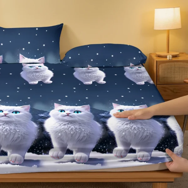 1 piece of blue eyed white cat patterned matte bedsheet, bedroom printed bedspread, bedding (excluding pillowcases) - Image 3