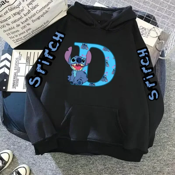 2024 Women's Winter Jacket Cute Kawaii Disney Lilo & Stitch Lucky Letter Print Black Hoodie Fashion Couple Streetwear Sportswear - Image 5