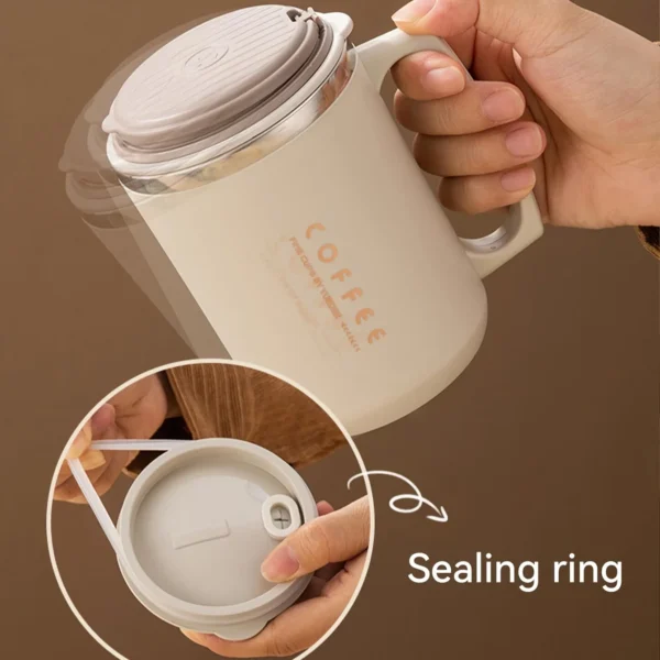 WORTHBUY Double-layer Coffee Cup With Spoon&Straw Milk Coffee Mug Portable Insulated Anti Scalding 304 Stainless Steel Water Cup - Image 6