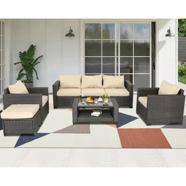 7 Pieces Patio Furniture Sets Outdoor Rattan Wicker Conversation Sofa Garden Sectional Sets With Washable Garden Furniture Sets - Image 6