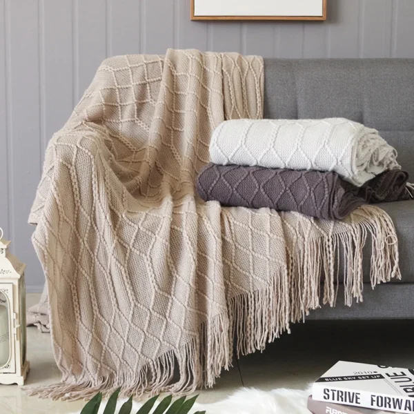 Nordic Knitted Throw Blankets with Tassels Khaki Cream Grey Vintage Blankets Luxury Bed Sofa Couch Oversized Bedspread Cover