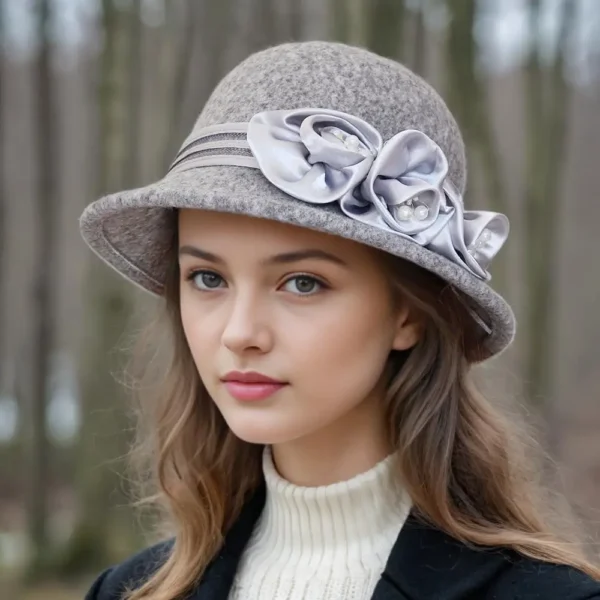 Autumn and winter new woolen top hat, women's British Hepburn style fisherman hat, rose flower elegant and fashionable versatile - Image 6