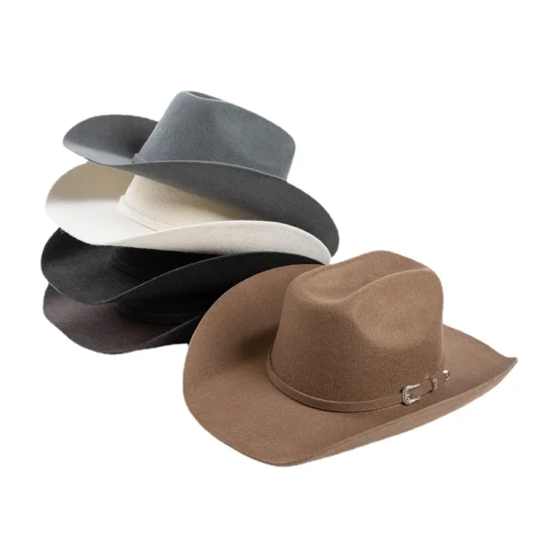 100% Wool Concave Shape Top Hat Fashion Belt Buckle Decorative Woolen Curling Wide Brim Fedora Hat Unisex Western Cowboy Hat