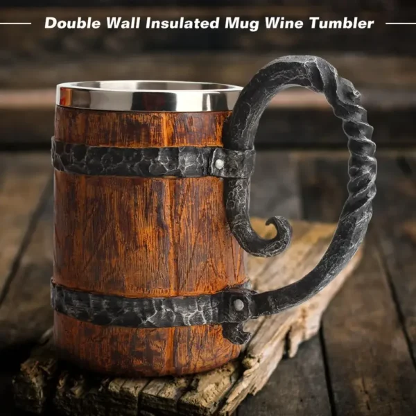 Viking Wood Style Beer Mug Simulation Wooden Barrel Beer Cup Double Wall Drinking Mug Metal Insulated 1PCS Bar Drinking ?ܧ??اܧ? - Image 2