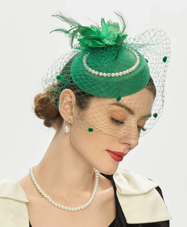 New Elegant Pillbox Hats 20s 50s Vintage Pearl Fascinators Hat for Women with Feather Mesh Veil Clip Bridal Wedding Tea Party - Image 3