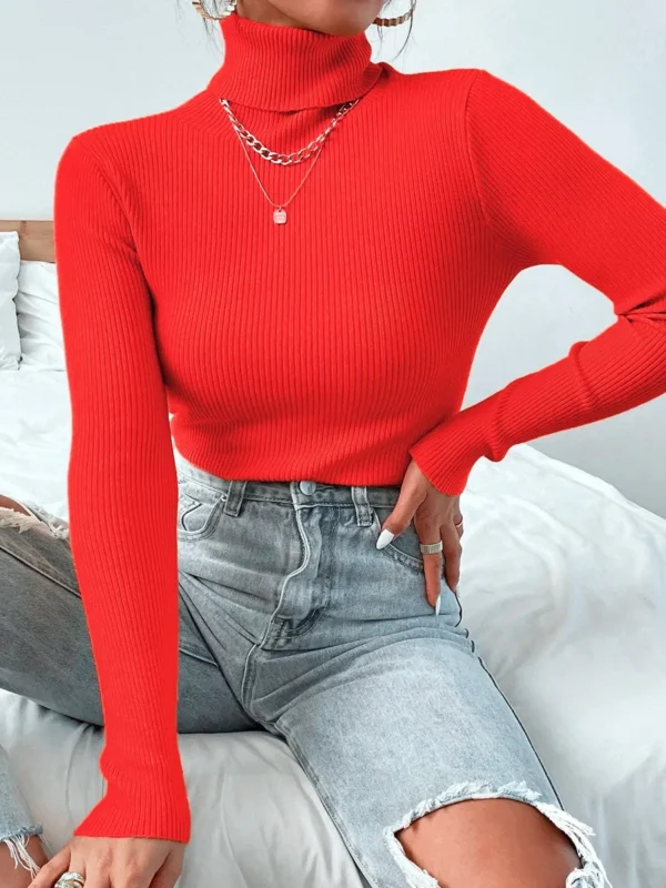 2024 Autumn Winter Women Knit Solid Turtleneck Pull Sweater Casual Rib Jumper Tops Female Home Pullover Y2K Clothing - Image 2