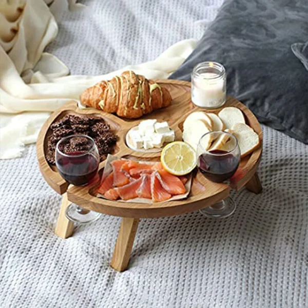 1Pc Wooden Round Foldable Tables Dried Fruit Tray With Wine Glass Holder For Outdoor Picnic Garden Party Fruit Snack Pastry Tray - Image 2