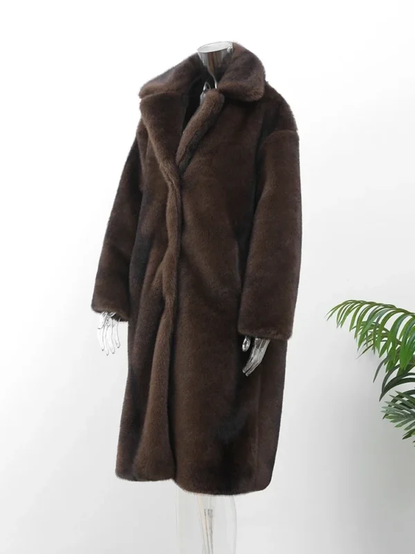 Women's Dark Brown Faux Fur Long Overcoat Single Breasted Fleece Long Trench Coat Winter Fluffy Plush Warm New Thicken Outerwear - Image 5