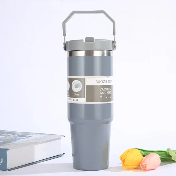 Portable Car Cup Stainless Steel Thermos Cup with Straw & Handle Double Walled Travel Sports Water Bottle Coffee Vacuum Flask - Image 2