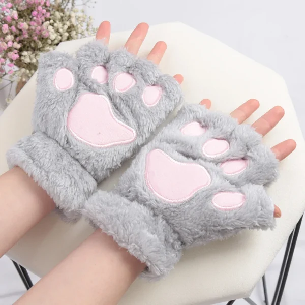 Women Cartoon Cat Claw Gloves Thickened Plush Lovely Style Bear Paw Exposed Fingers Half Winter Mittens Warm Girls Gift Gloves - Image 5