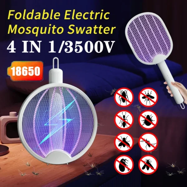 Foldable Electric Mosquito Swatter USB Rechargeable Fly Trap Killer Mosquito Racket Insect Killer with UV Light Bug Zapper 3500V