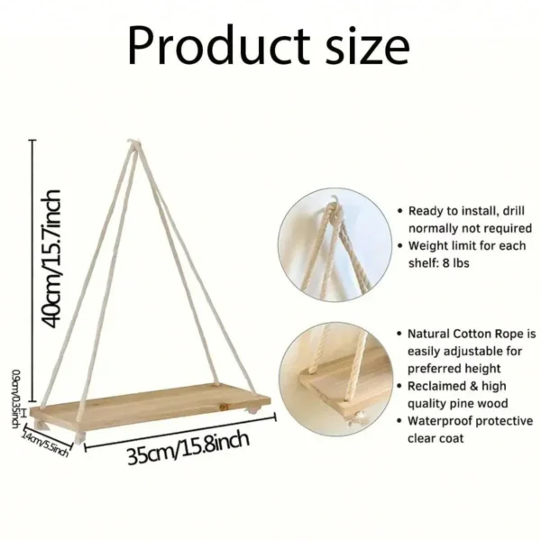 1PC Wooden Swing Hanging Hemp Rope Wall Shelve Mounted Floating Home Living Room Plant Flower Pot Tray Storage Garden Decoration - Image 4