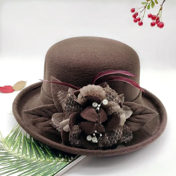 New Spring Winter Women Floral Wool Cap Hats Fedoras Stylish Western Bucket Hats Warm Female Bowler Hats - Image 4