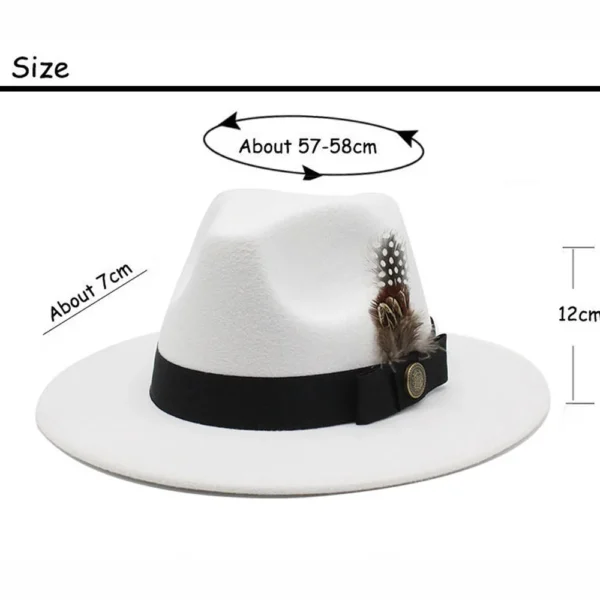 White Woolen Gentleman Classic British Jazz Feather Top Hat Wide Brim Party Church Wedding Fedora Hats Men Women Panama Felt Cap - Image 2