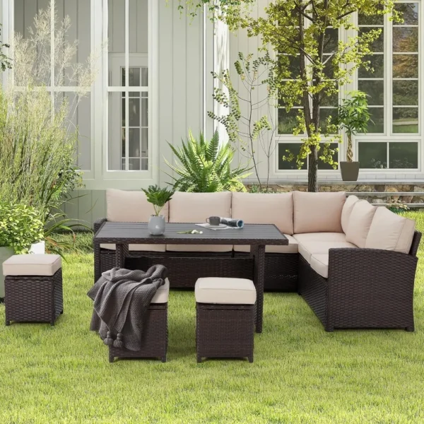 7 Pieces Patio Furniture Set, Outdoor Sectional Sofa Conversation Set, All Weather Wicker Rattan Couch Dining Table & Chair - Image 3