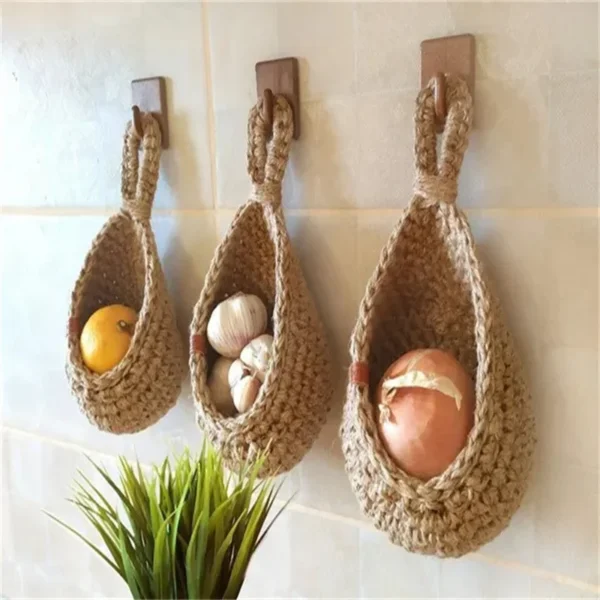 Wall-mounted Vegetable Basket Fruit and Sundry Basket Natural Wicker Weave Storage Basket Kitchen Storage Home Decoration - Image 2