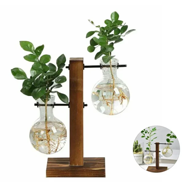 Creative Glass Desktop Planter Bulb Vase Wooden Stand Hydroponic Plant Container Decor Home Tabletop Decor Vases - Image 4