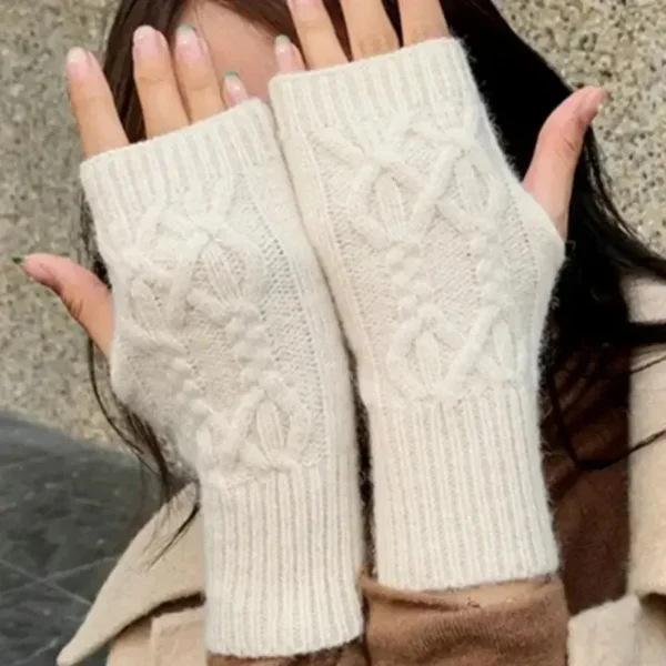 Women's half finger gloves are soft and warm in winter, with wool like knitted arm gloves and neutral black and white gloves - Image 2