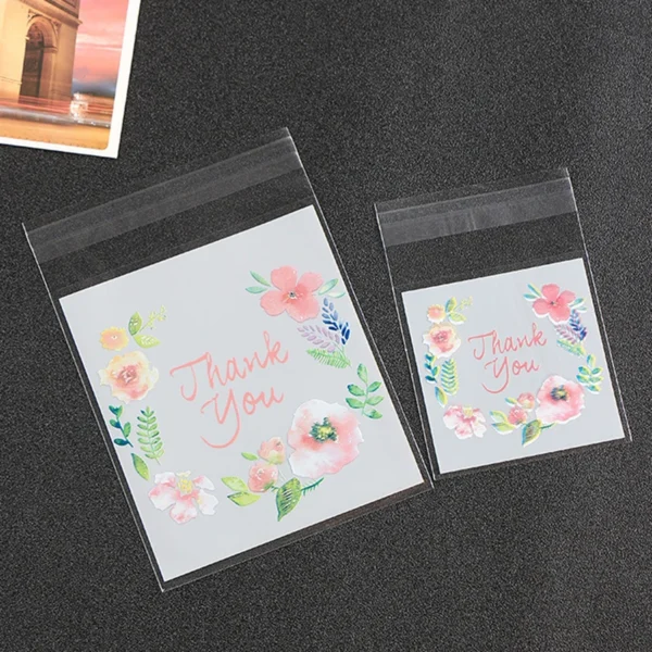 100pcs/lot Plastic Bags Thank you Flower Self-Adhesive Bags for Homemade Cookie Party Gifts Bag DIY Jewelry Packaging Bag - Image 2