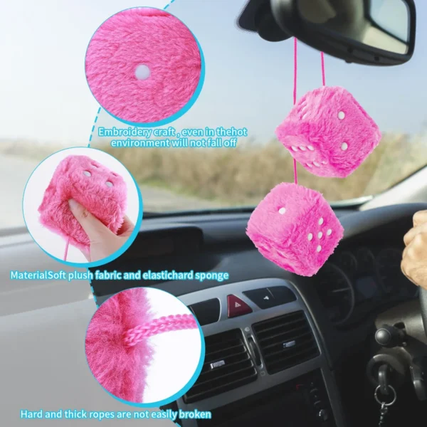 Fuzzy Dice for Car Mirror Pair of 2.7?? Retro Square Fuzzy Plush Dice with Dots for Hanging Car Accessories Interior Fluffy - Image 2