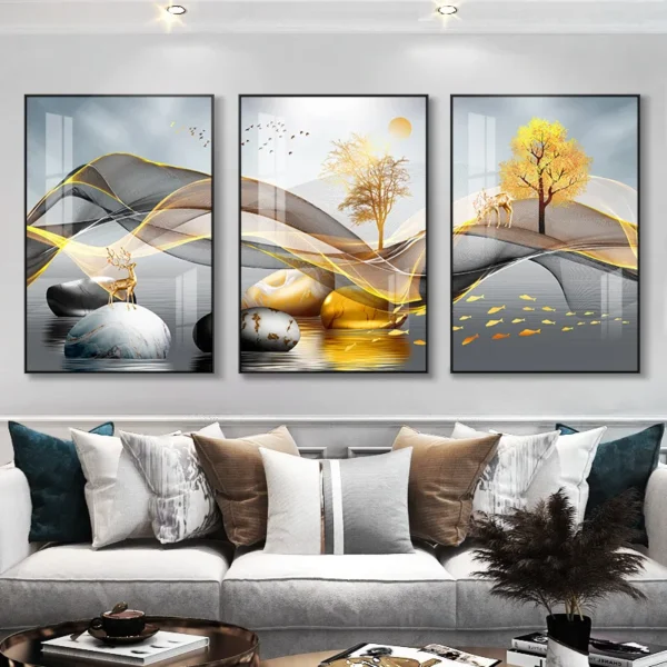 3 Pieces Nordic Luxury Ribbon Abstract Landscape Wall Art Canvas Paintings Modern Gold Deer Poster Print Picture for Home Decor - Image 5