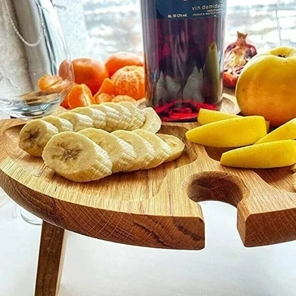 1Pc Wooden Round Foldable Tables Dried Fruit Tray With Wine Glass Holder For Outdoor Picnic Garden Party Fruit Snack Pastry Tray - Image 4