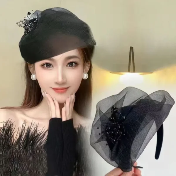 French Beaded Mesh Hairband Elegant Dinner Party Hairband Plastic Bead Yarn Half Hat Hair Accessories Mesh Veil Fascinator Hat - Image 2