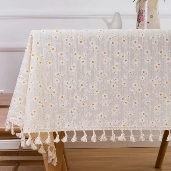 Korean Style Daisy Tassels Cotton Floral Tablecloth,Tea Table Decoration,Rectangle Table Cover For Kitchen Wedding Dining Room