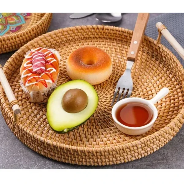 Round Rattan Tray Woven Bread Basket with Handles Small Cracker Tray for Serving Dinner Parties Coffee Table Kitchen Organizer