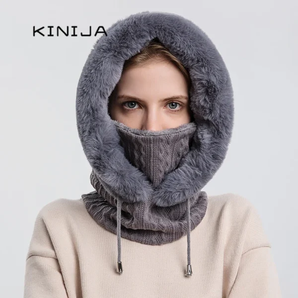 Winter Fur Cap Mask Set Hooded for Women Knitted Cashmere Neck Warm Balaclava Ski Windproof Hat Thick Plush Fluffy Beanies hood - Image 2