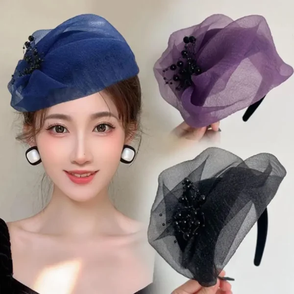 French Beaded Mesh Hairband Elegant Dinner Party Hairband Plastic Bead Yarn Half Hat Hair Accessories Mesh Veil Fascinator Hat