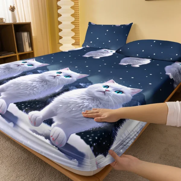 1 piece of blue eyed white cat patterned matte bedsheet, bedroom printed bedspread, bedding (excluding pillowcases) - Image 2