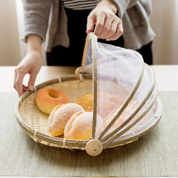 Bamboo Woven Basket Anti-Mosquito Net Fruit Vegetable Basket Dustpan Tent Basket Tray Portable Outdoor Picnic Mesh Net Cover - Image 3