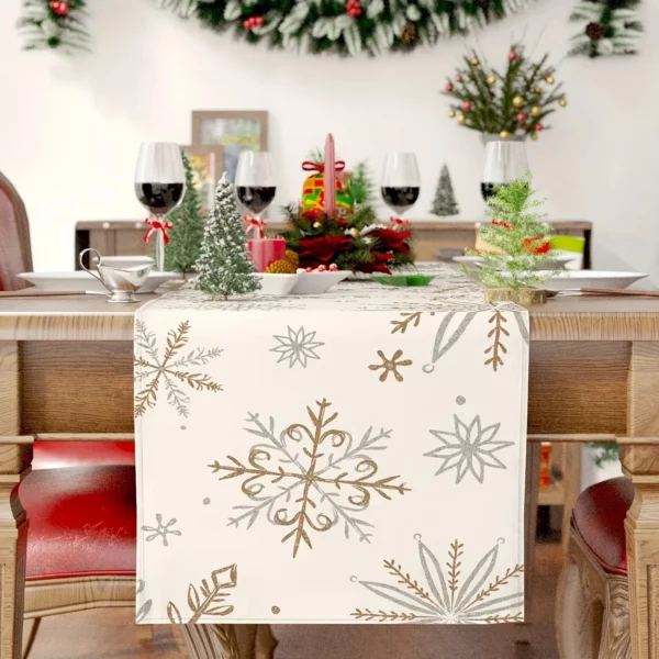 Winter Table Runner, Snowflake Decorations White Gold Winter Runner for Table Seasonal Chriatmas Winter Holiday Decor - Image 2