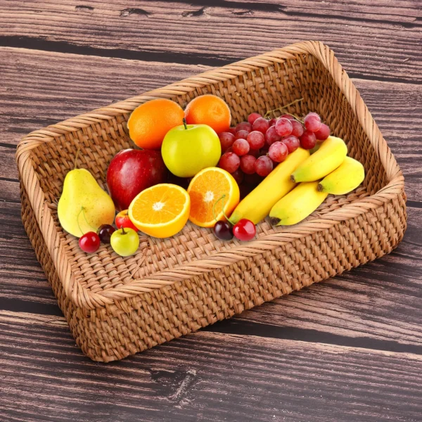 Manual Rectangular Weaving Rattan Wicker Basket Fruit Snacks Tray Bread Hand-knitted Box Portable Picnic Storage Box - Image 5