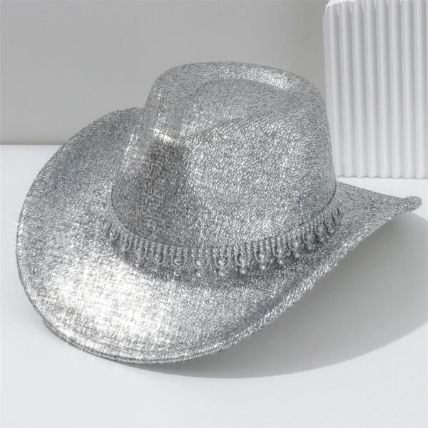 A Lady Western cowboy hat with Rhinestone ribbons sparkled silver jazz hat of all seasons for men to party in retro felt hats - Image 2