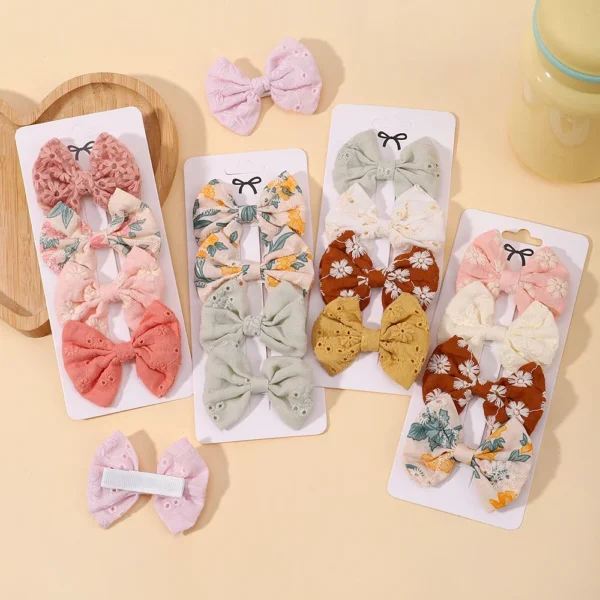 4Pcs/Set Lovely Cotton Bowknot Clips Safe Hairpins Girl Fresh Pastoral Hairclips Baby Hair Accessories Kids Print Hairgripe Gift - Image 2