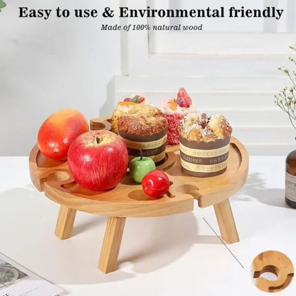 Outdoor Wooden Folding Picnic Table-With Glass Holder 2in1 Round Desk Wine Glass Rack Collapsible Table For Garden Party - Image 4