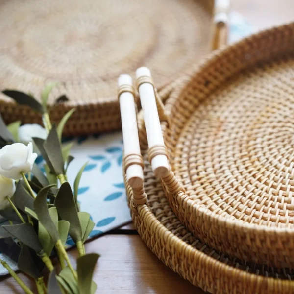 Round Rattan Tray Woven Bread Basket with Handles Small Cracker Tray for Serving Dinner Parties Coffee Table Kitchen Organizer - Image 2