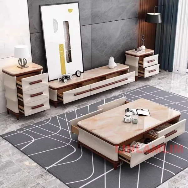 MANBAS Modern Luxury Living Room Furniture Set - Coffee Table, TV Stand, and Side Cabinets with Marble Finish and Wooden Accents - Image 2